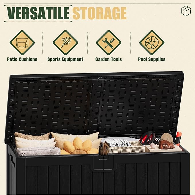 JUMMICO 250 Gallon Outdoor Resin Deck Box with Divider, Waterproof Storage Box with Lockable Lid&Side Handles for Garden Tools, Pools Supplies (Black)