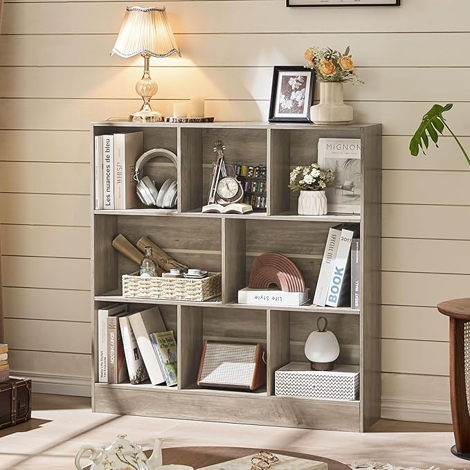 LEYAOYAO 8 Cube Bookshelf with Base,3 Tier Mid-Century Modern Grey Bookcase,Standing Wide Bookshelves Storage Organizer Shelf,Rustic Wood Display Cabinet Book Shelves for Bedroom,Living Room,Office
