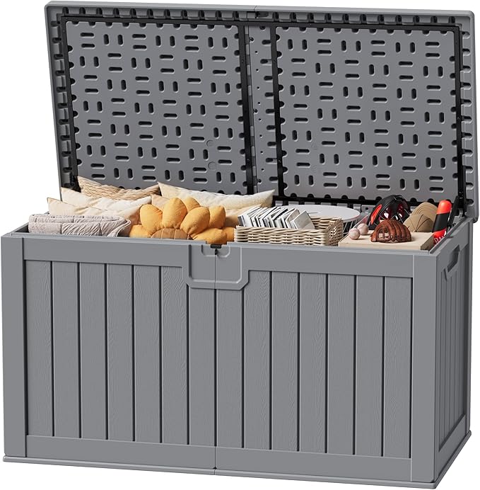 JUMMICO 250 Gallon Outdoor Resin Deck Box with Divider, Waterproof Storage Box with Lockable Lid&Side Handles for Garden Tools, Pools Supplies (Gray)