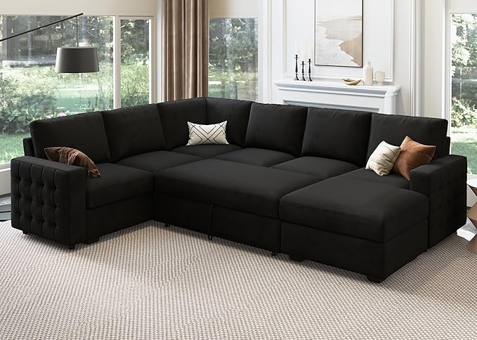 HONBAY Sectional Sleeper Sofa with Pull Out Bed U-Shape Sectional Couch with Storage Chaise 6 Seater Sleeper Sectional Sofa Bed, Velvet Black