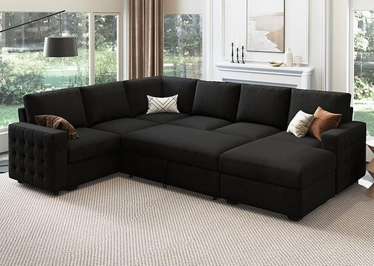HONBAY Sectional Sleeper Sofa with Pull Out Bed U-Shape Sectional Couch with Storage Chaise 6 Seater Sleeper Sectional Sofa Bed, Velvet Black