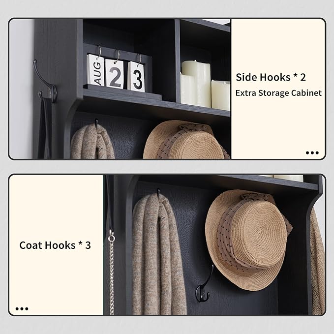 JXQTLINGMU 23" Farmhouse Hall Tree with Shoe Storage, Entryway Bench with 6 Cubbies, 5 Hooks & Barn Doors, Mudroom Coat Rack Cabinet, Black