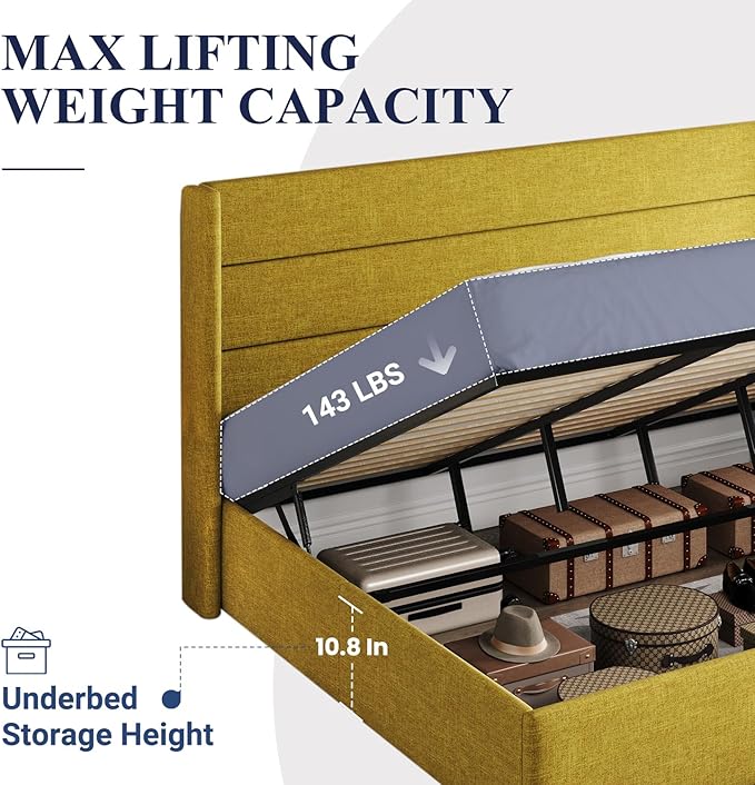 Allewie King Size Lift Up Storage Bed, Modern Wingback Headboard, Hydraulic Support, No Box Spring Needed, Olive Yellow