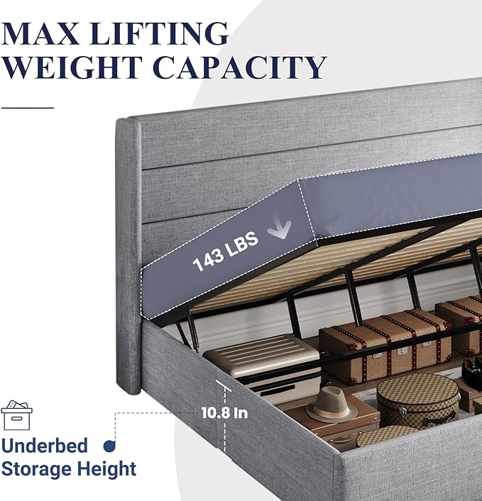 Allewie King Size Lift Up Storage Bed, Modern Wingback Headboard, Hydraulic Support, No Box Spring Needed, Light Grey