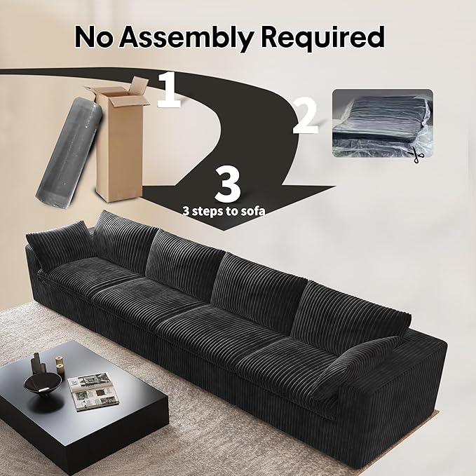 157.5" 4-Seater Cloud Sofa,Modular Sectional Couch,Modern Deep Seat Upholstered Couches with Plush Corduroy Fabric for Living Room Furniture,Bedroom and Apartment,No Assembly Required,Black
