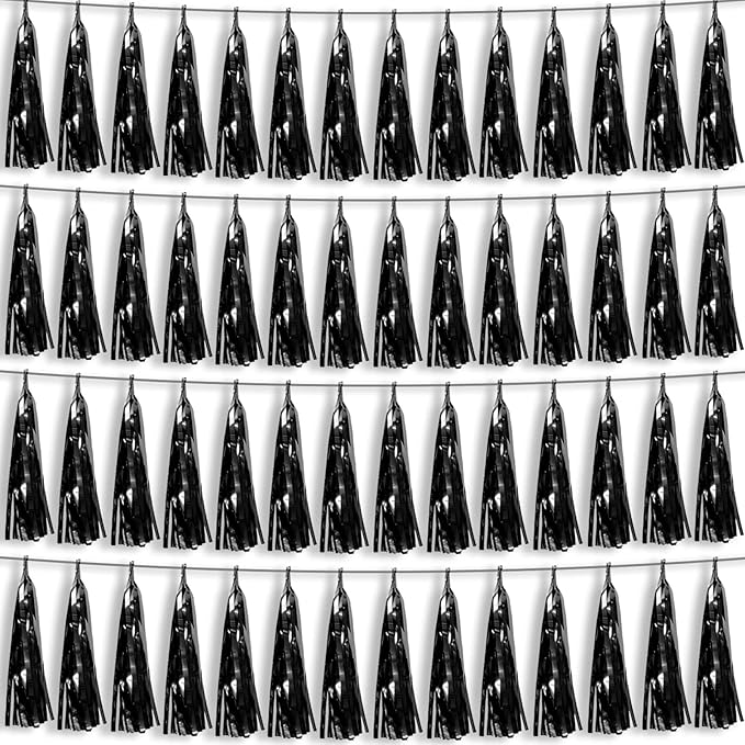 4P Black Foil Fringe Metallic Tassel Streamers Banner Tassel Garland for Parade Floats, Bachelorette, Wedding, Birthday, Halloween, Christmas, Bridal/Baby Shower Party Decorations