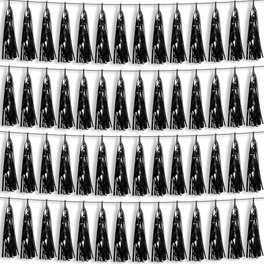 4P Black Foil Fringe Metallic Tassel Streamers Banner Tassel Garland for Parade Floats, Bachelorette, Wedding, Birthday, Halloween, Christmas, Bridal/Baby Shower Party Decorations