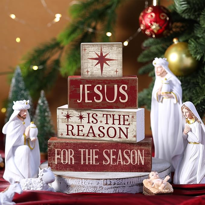 4 Pcs Christmas Table Decoration Jesus Decor Christmas Tiered Tray Decor Christian Centerpiece Decorative Jesus Block Signs Gift Farmhouse for Religious Home Office Tabletop Kitchen Office