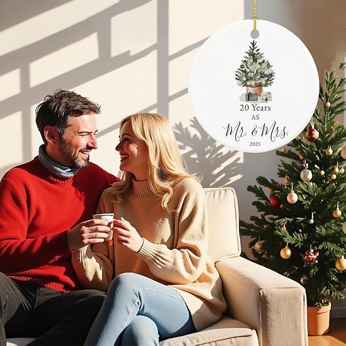 20th Anniversary Ornament Gifts for Couple, 20th Wedding Anniversary for 20 Year as Mr and Mrs Gifts, Ceramic Keepsake 20 Year Anniversary Christmas Ornaments with Ribbon and Box