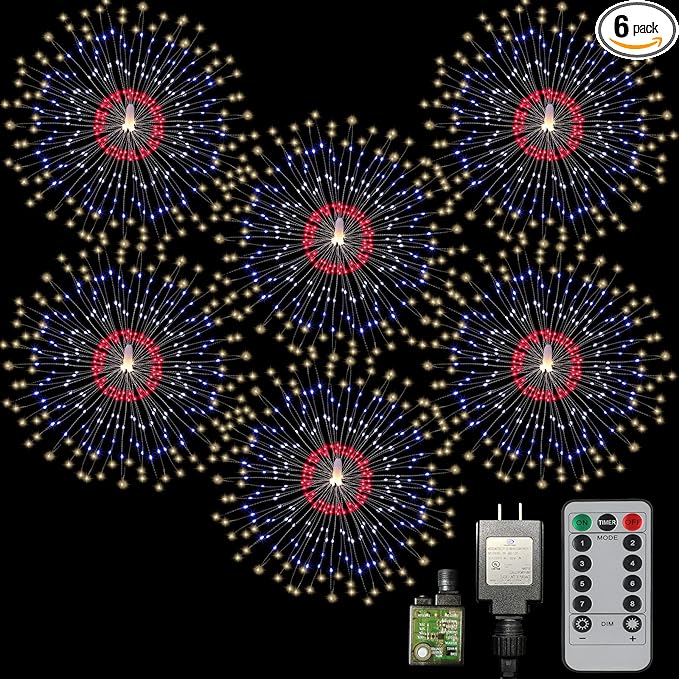 Firework Lights 6 Pack 180 LED Copper Wire Starburst With 8 Models, Power Supply Fairy With Remote Control, Waterproof Outdoor Hanging