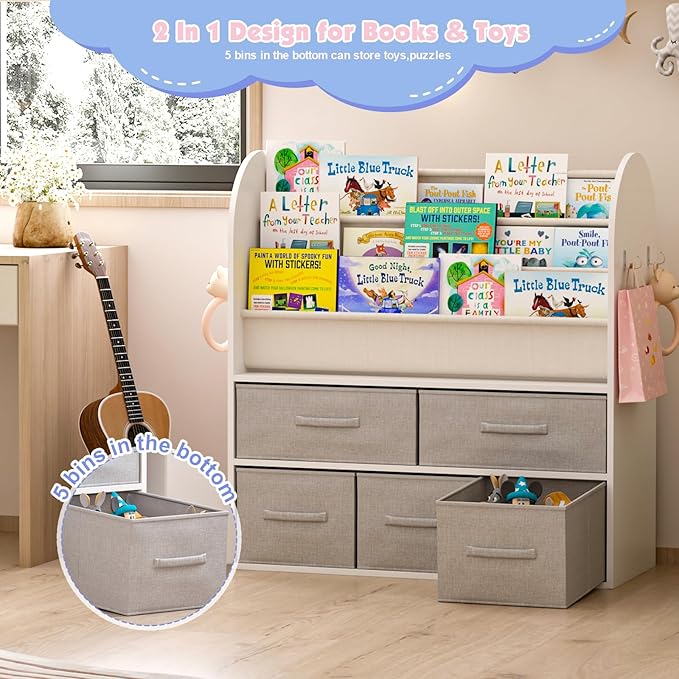 NACHES Kids Bookshelf and Toy Storage Bins, Children Bookcase Toddler Book Display Cabinet with 5 Toy Organizer Boxes for Playroom,Reading Room,Toddler Room,Nursery,Classroom