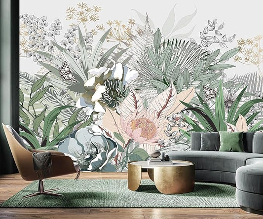 AFZEVEB-Tropical Jungle Wallpaper Botanical Large Floral Wall murals for Bedroom 159"x107" (Not Peel and Stick)
