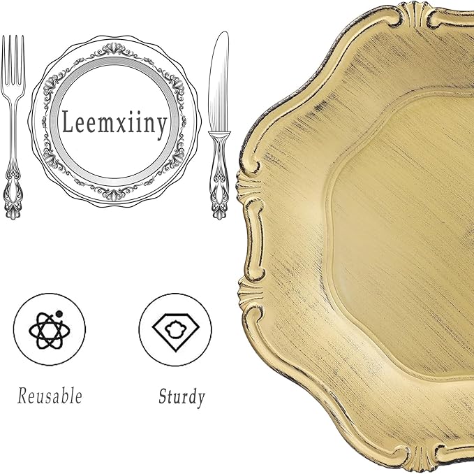 Gold Charger Plates Set of 6, Decorative Table Plastic Chargers for Dinner Plates, Party, Wedding, Thanksgiving, Christmas, 22G