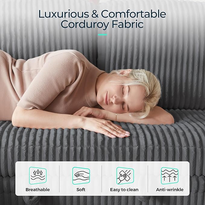 LINSY HOME Loveseat Sofa with Storage - Comfy Plush Corduroy 2 Seater Sofa with USB Charging & Cup Holders, Deep Seat Love Seat for Small Spaces Living Room Bedroom Apartment, Grey