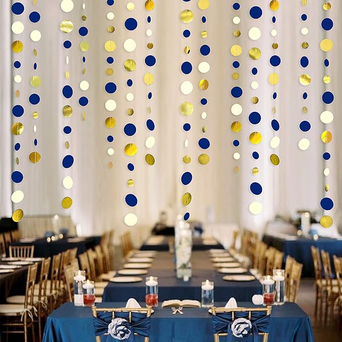 46 Ft Navy Blue and Gold Circle Dots Garland Royal Blue Hanging Paper Polka Dot Streamer for Birthday Wedding Bridal Baby Shower Graduations Nautical Ahoy Achor Pirate Theme Party Decorations Supplies