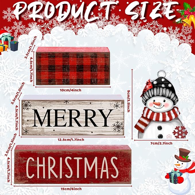 4 Pcs Christmas Table Decoration Wooden Snowman Christmas Tiered Tray Decor Red Buffalo Plaid Block Signs Snowman Table Centerpiece Farmhouse Winter Decoration for Home Kitchen Shelf