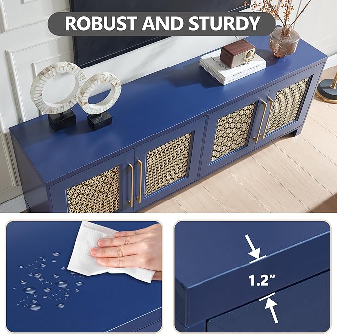 JYED Mid Century Modern TV Stand for TVs up to 75", 69.5" W Blue Entertainment Center with 4 Gold Metal Mesh Doors - Wood Grain MDF TV Console, Media Storage