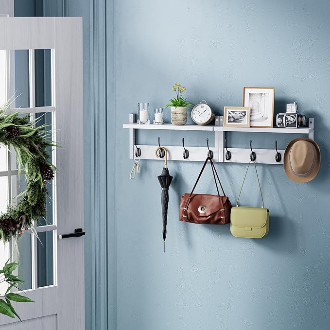 Coat Rack with Shelf Wall Mount, Entryway Bamboo Hanging Shelf, Set of 2, Wall Hook Rail for Hallway Décor, Storage Clothe, Hat, Robe, Key, Dog Leash (White+Black)