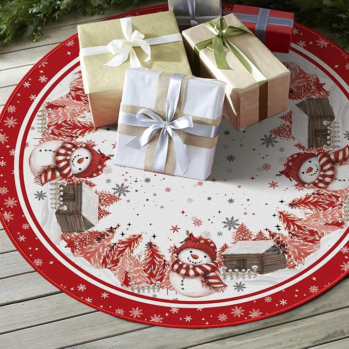 AVOIN colorlife Snowflake Snowman Cardinal Christmas Tree Skirt 48 Inch, Winter Holiday Tree Mat Decoration Red