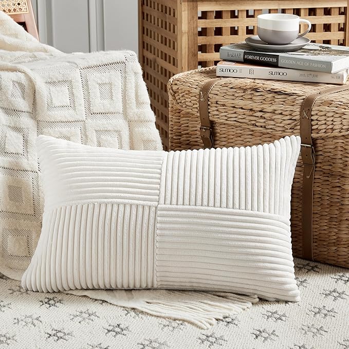 Fancy Homi 2 Packs Cream White Long Lumbar Decorative Throw Pillow Covers 12x24 Inch for Couch Bed Sofa, Rustic Farmhouse Boho Home Decor, Soft Striped Corduroy Rectangle Accent Cushion Case 30x60 cm