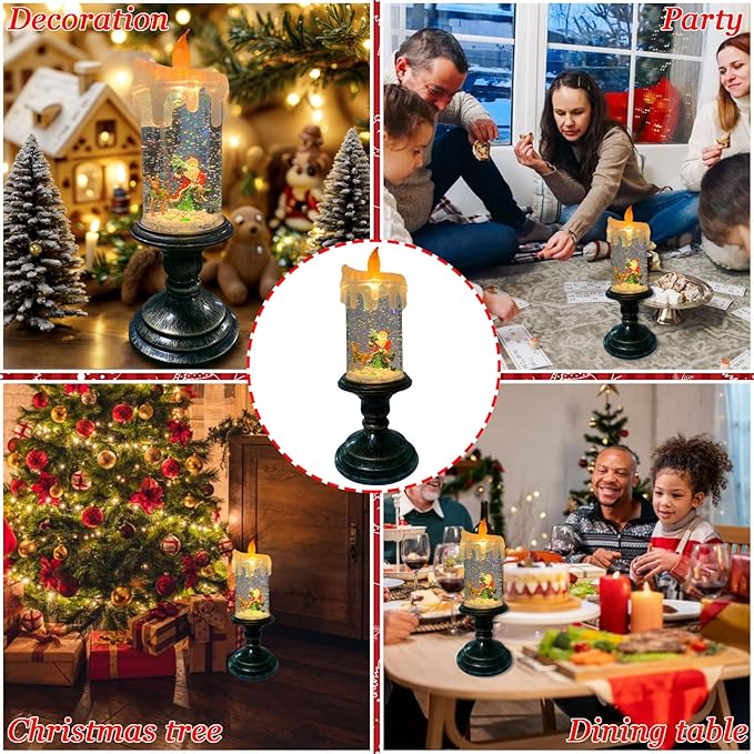 Flameless Snow Globe Candle Light Christmas Santa Decoration with Swirling Water & Glitter, Spinning LED Candles for Home, Tabletop, Holiday Decor