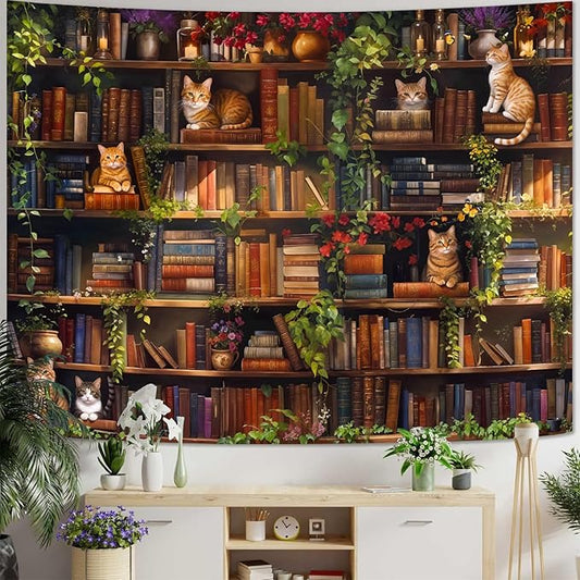 Accnicc Plant Cat Bookshelf Tapestry Botanical Floral Flower Cats Book Tapestries Wall Hanging Vintage Library Small Tapestry for Bedroom Living Room Dorm 60 x 44 inch