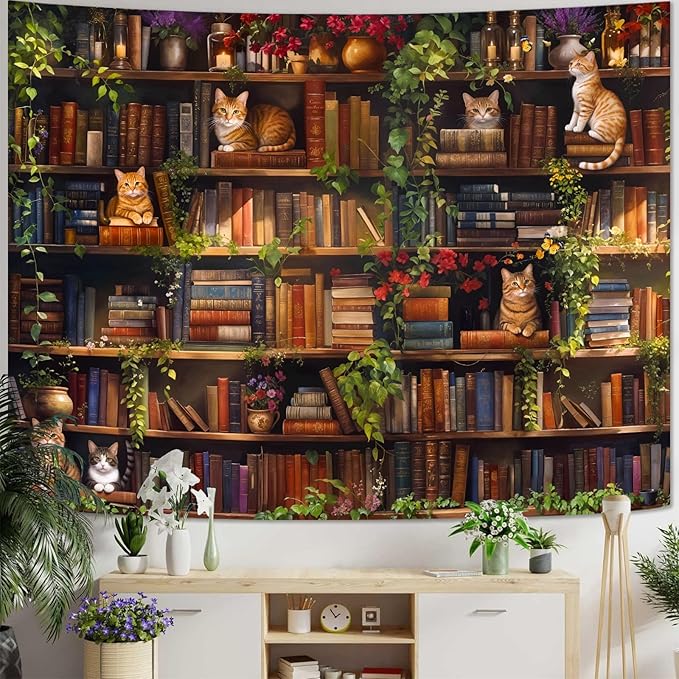 Accnicc Plant Cat Bookshelf Tapestry Botanical Floral Flower Cats Book Tapestries Wall Hanging Vintage Library Large Tapestry for Bedroom Living Room Dorm 80 x 60 inch
