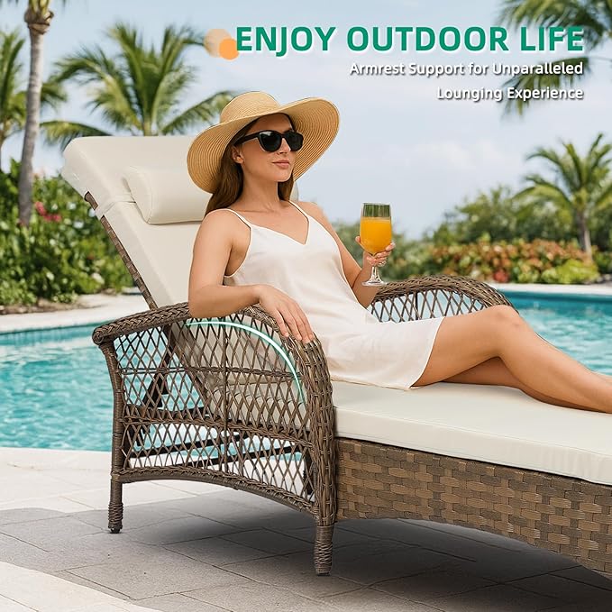 VIVIJASON Outdoor Wicker Chaise Lounge Chair, All-Weather PE Rattan Cushioned Patio Lounger Chair, 6-Position Adjustable Pool Sunbathing Recliner with Armrest & Pillow for Poolside Deck Yard, Beige