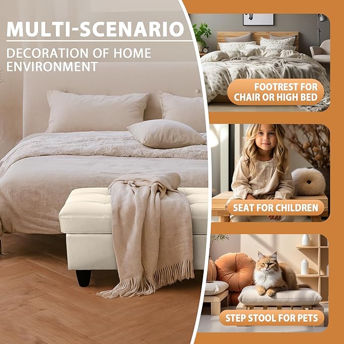 Ottoman Rectangular Storage Ottoman Bench, Faux Leather Footrest, Coffee Table, Stool Footstool with Hinged Lid for Living Room, Bedroom, Entryway, Champagne, 35"x23.5"x17.5"