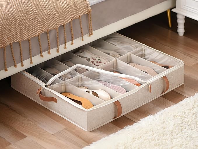 StorageWorks Under Bed Shoe Storage Organizer, Underbed Shoes Container with Adjustable Dividers, Shoe Storage Basket with Cover, Brown, 2-Pack, Space-Saving Shoe Box Fits up to 24 Pairs