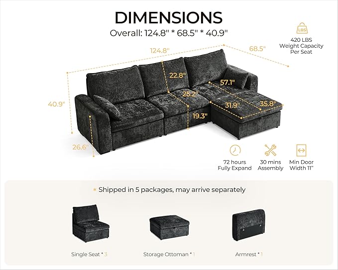 Oversized Modular Sofa Comfy Cloud Couch with Storage, Extra Deep Plush Sectional Sofa Set for Living Room, Covers Washable, Chenille, Olar (Black, 4-Seater with Ottoman, l-Shaped)