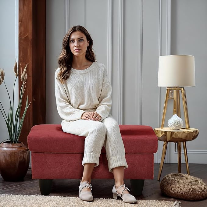 Ottoman Rectangular Storage Ottoman Bench, Flannel Footrest Stool Footstool with Lid for Living Room, Bedroom, Entryway, Red, 28.5"x19"x17.5"