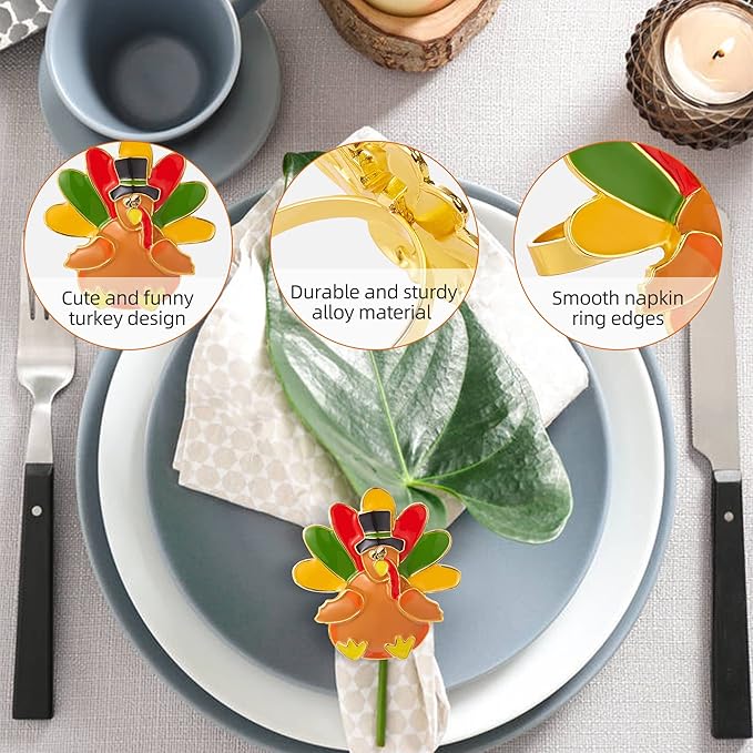 Halatool 8 PCS Thanksgiving Day Turkey Napkin Ring Funny Metal Festival Napkin Holders for Dinner Table Party Decoration