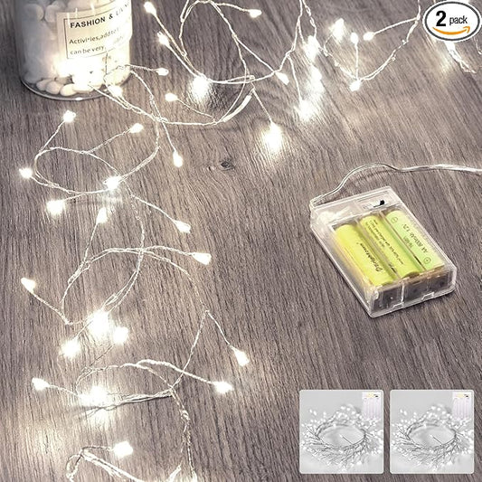 2 Pack Fairy Lights Battery Operated, Twinkle String Lights Waterproof Silver Wire 5 Feet 60 Led Firecracker Starry Lights for DIY Wreath Wedding Party Bedroom Mason Jar Holiday Christmas, Pure White