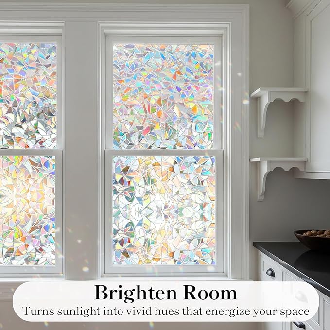 DUOFIRE Window Privacy Film, Rainbow Window Clings for Glass Windows, Stained Glass Film Decorative, 3D Decals Cover, Suncatcher Static Cling Sticker for Home, 11.8 x 78.7 inch