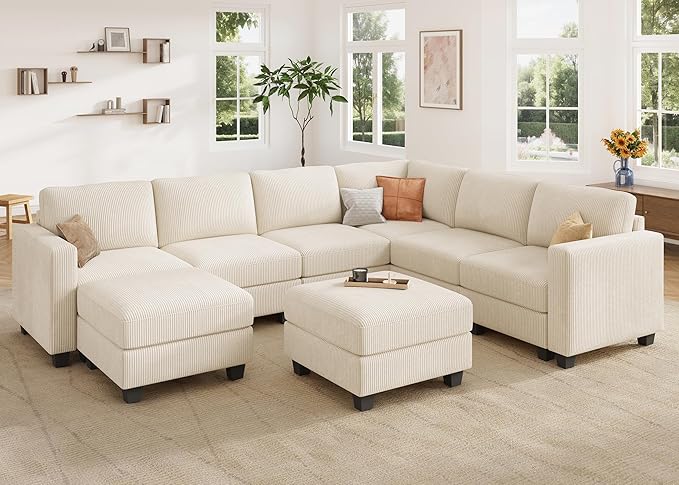 HONBAY Corduroy Sectional Couch with Storage U Shaped Sectional Sofa Modular Sectional Couches for Living Room, Beige