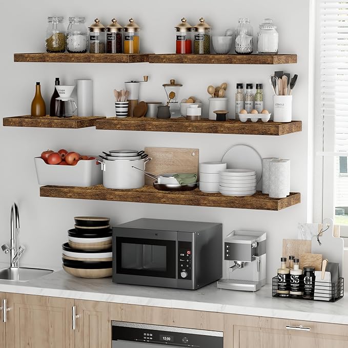 Fun Memories Floating Shelves - 2 Pack 12 Inch Deep Rustic Wooden Wall Shelves - Extra Deeper & Thicker Wall Mounted Storage Shelf for Living Room, Kitchen, Farmhouse - 16" W x 12" D x 1.5" H - Brown