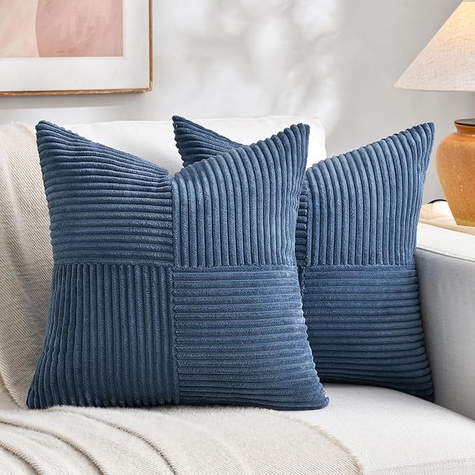 Fancy Homi 2 Packs Dusty Blue Euro Decorative Throw Pillow Covers 26x26 Inch for Bedroom Couch Bed, Rustic Farmhouse Boho Home Decor, Soft Corss Corduroy Patchwork Textured Cushion Case 66x66 cm