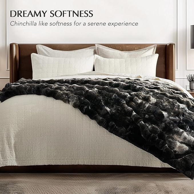 EVERGRACE Ultra Soft Luxury Fluffy Ridgeline Faux Rabbit Fur Bubble Throw Blanket, Thick Warm Fuzzy Throw for Bed, Cozy Plush Reversible Blanket for Couch,Charcoal Grey Heather, 50x60 Inches, 870 GSM