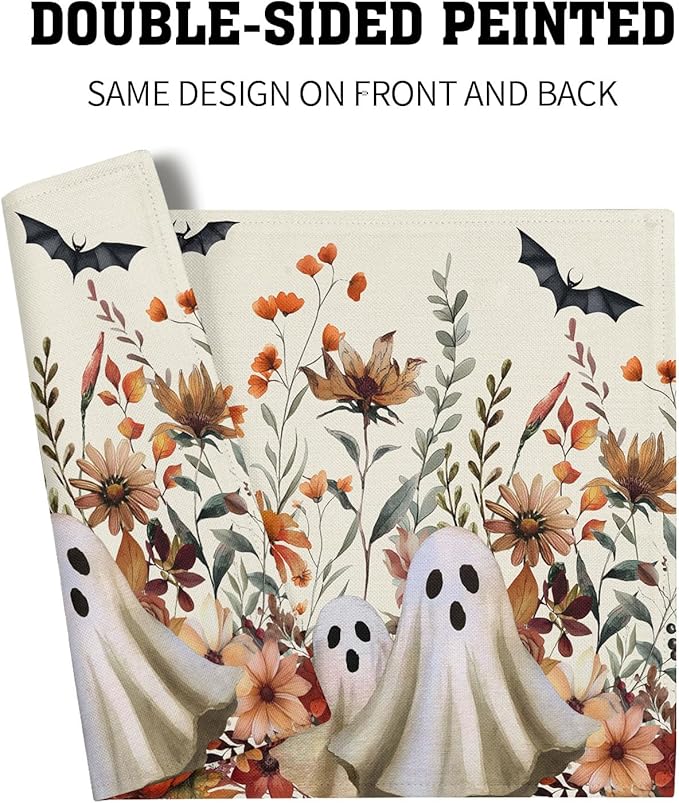 Halloween Placemats Set of 4 Vintage Wildflower Pumpkin Ghost Bat Place Mats 12x18 Inch Rustic Retro Spooky Washable Table Mats for Party Kitchen Dining Decoration