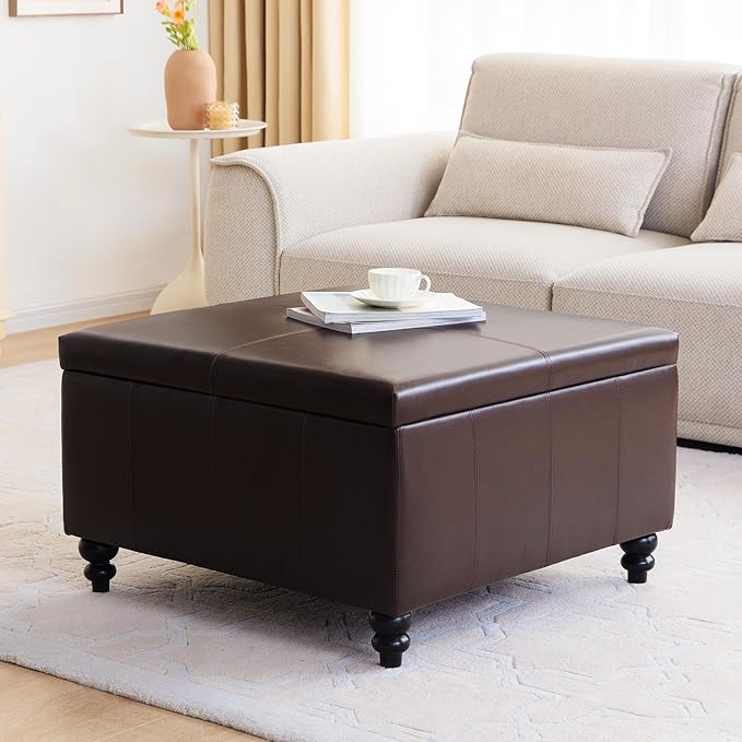 HUIMO Square Leather Storage Ottoman,Ottoman Coffee Table with Storage for Living Room (Brown)