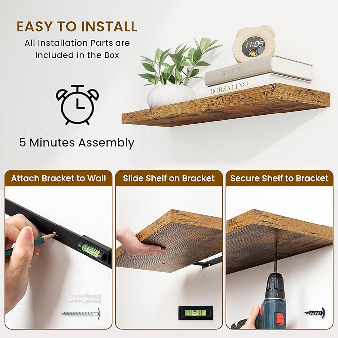 Fun Memories Floating Shelves for Wall, 32 Inch Rustic Wood Wall Mounted Shelves for Bathroom, Bedroom, Kitchen, Living Room, Deep Floating Shelves for Storage & Home Decor (Brown,Set of 2)