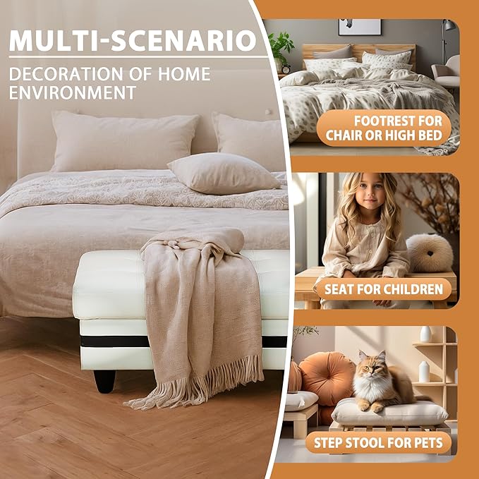 Ottoman Rectangular Storage Ottoman Bench, Faux Leather Footrest, Coffee Table, Stool Footstool with Hinged Lid for Living Room, Bedroom, Entryway, White with Black Strip, 35"x23.5"x17.5"