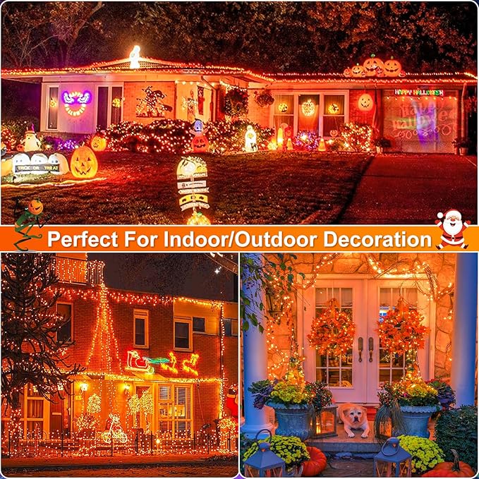 Orange Halloween Lights Outdoor, 100FT 300 LED Halloween String Lights with 8 Modes Waterproof, Plug in Green Wire Twinkle Tree Light for Indoor Patio Yard Party Holiday Decorations