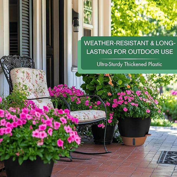 2 Pack 10 inch Plant Pots, PP Plastic Self Watering Plant Pot with Drainage and Tray for Indoor Outdoor Plants , Water Level Window & Reservoir Flower Pots Decorative Planter (Black, 10 Inch)