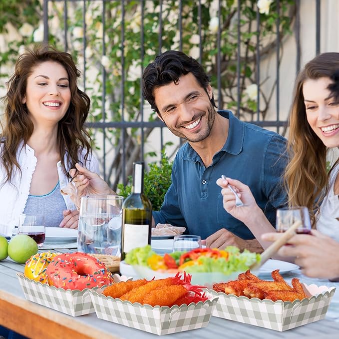 48 Pcs Gingham Party Supplies Sage Green Gingham Paper Food Trays Green and White Nacho Boat Trays Disposable Snack Holder for Spring Birthday Party Baby Shower Bridal Wedding Supplies