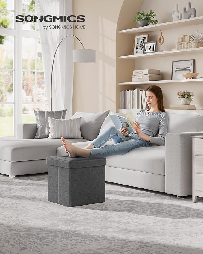 SONGMICS Folding Storage Ottoman Bench，38 x 38 x 38 cm， Ottoman Foot Rest, End of Bed Bench, Storage Chest, Load 300 kg, for Living Room, Bedroom, Entryway, Dorm, Dark Gray ULSF27Z