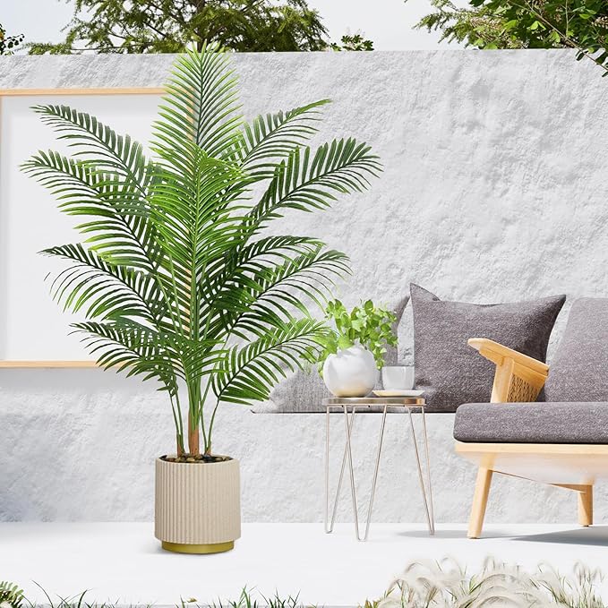 Artificial Palm Tree Indoor Plant 5FT Tall Fake Tropical Palm Tree in Pot, Real Bark Design Faux Areca Palm Tree for Home Office Living Room Bedroom Farmhouse Modern Outdoor Topiary Tree (13 Trunks)
