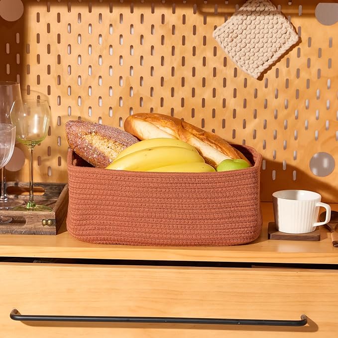 Small Storage Baskets for Organizing | Closet Organizer Bins | Shelf Toy Basket | Woven Rope Baskets | Cube Decorative Box | Shallow Basket | 13x8.5x5.1” | 3 Packs Oxide Red
