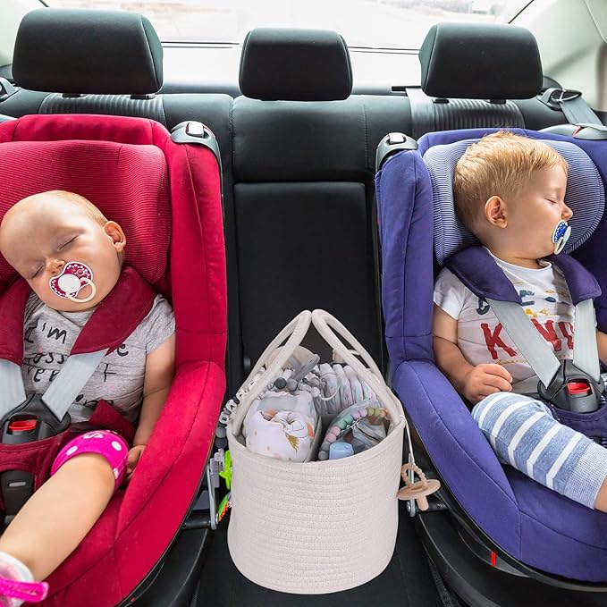 Baby Diaper Caddy Organizer for Girl Boy Cotton Rope Nursery Storage Bin Basket Portable Holder Tote Bag for Changing Table Car Travel Baby Shower Gifts Newborn Essentials Registry Must Haves White